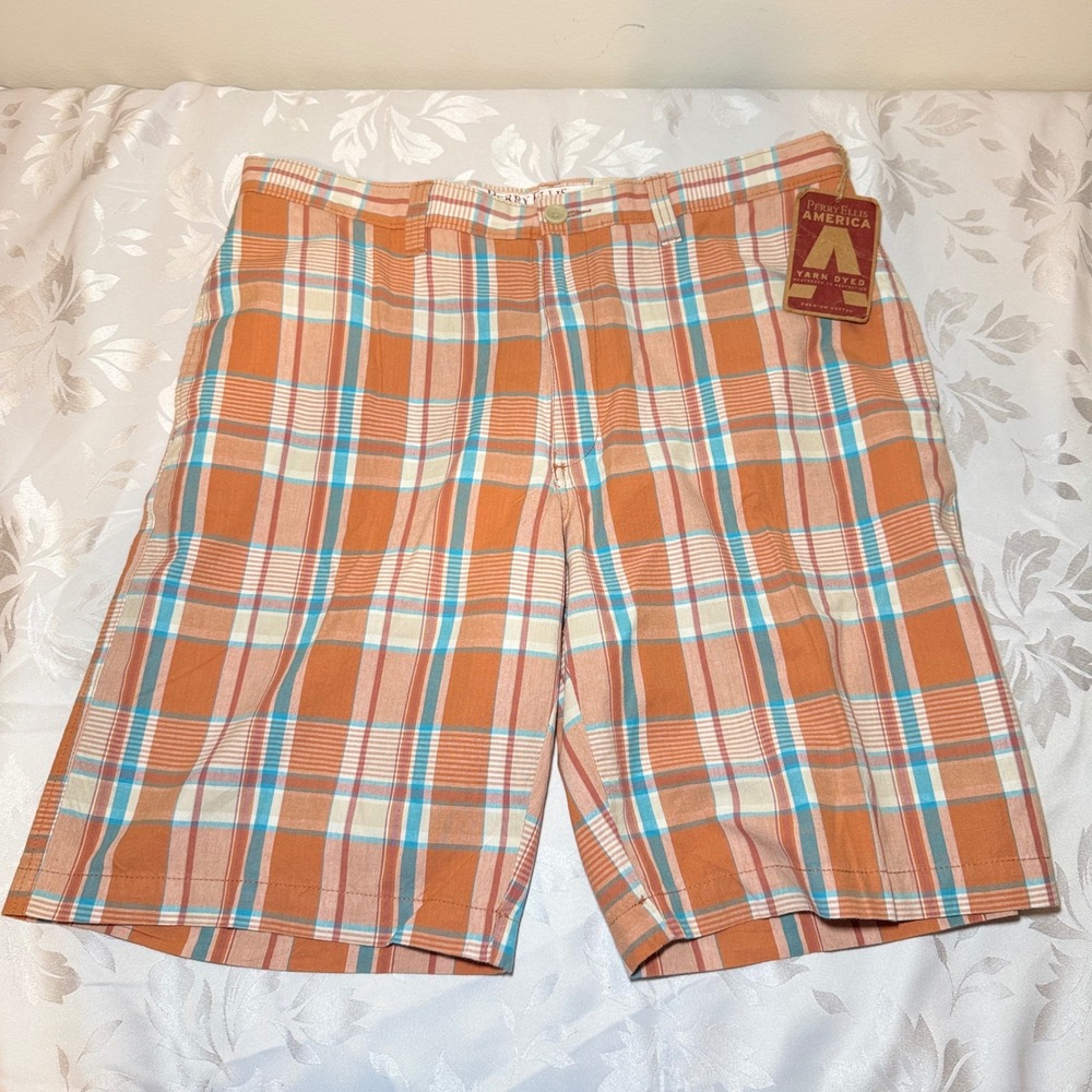 NEW Perry Ellis America Mens Plaid Shorts 36 Apricot Orange Cotton Casual